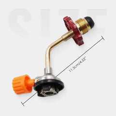 Outdoor Gas Canister Refill Adapter - L-shaped gas adapter with orange control knob, red handwheel, brass tube, shown with total length 11.5cm/4.52".