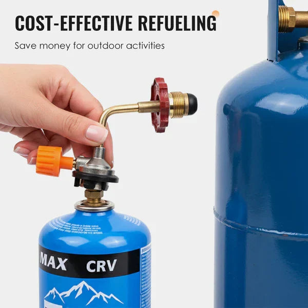 Outdoor Gas Canister Refill Adapter - Hand holding the adapter connected to a small camping gas canister next to a large LPG tank, demonstrating cost-effective refueling for outdoor use
