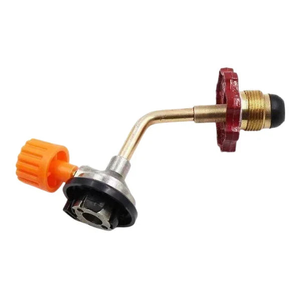 Outdoor Gas Canister Refill Adapter - L-shaped brass gas canister adapter with an orange knob and red threaded end cap.