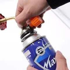 Outdoor Gas Canister Refill Adapter - Hand installing a gas canister adapter onto a blue gas can.