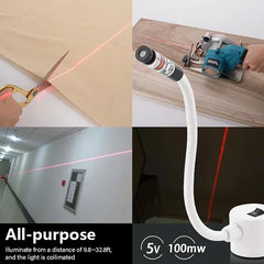 Quilting Sewing Light - Flexible laser device emitting a red line, shown in four usage scenes with text noting its range, voltage, and power.