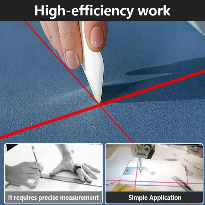 Quilting Sewing Light - Crosshair laser guide projected onto blue fabric, with comparison panels showing manual fabric marking versus simple guided sewing application