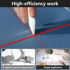Quilting Sewing Light - Crosshair laser guide projected onto blue fabric, with comparison panels showing manual fabric marking versus simple guided sewing application