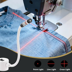 Quilting Sewing Light - Flexible gooseneck laser guide mounted on a sewing machine projecting a red alignment line onto denim fabric, with point, line, and cross laser pattern options displayed below