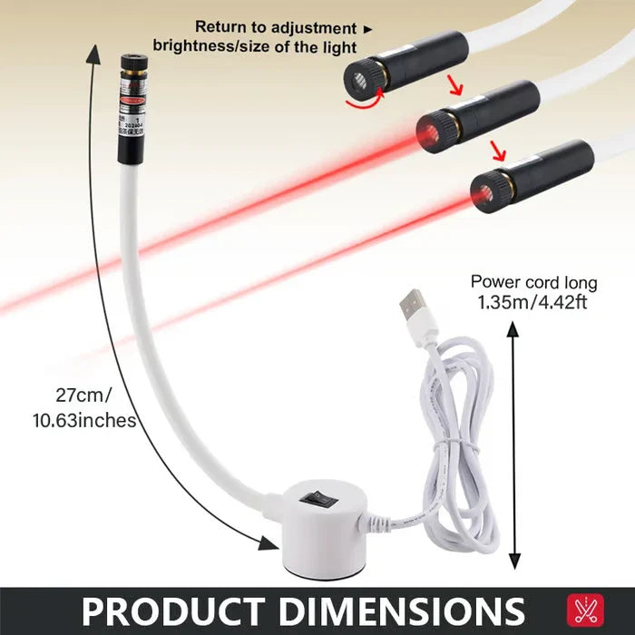 Quilting Sewing Light - Diagram showing a flexible gooseneck laser device, its USB power cord, labeled dimensions, and adjustable laser head settings.