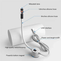 Quilting Sewing Light - Diagram of a flexible USB-powered device with labeled parts: lens, silicone hose sections, USB plug, switch, magnetic base, and power cord.