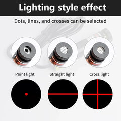 Quilting Sewing Light - Diagram showing three laser lens types and their corresponding red light patterns: dot, straight horizontal line, and cross.
