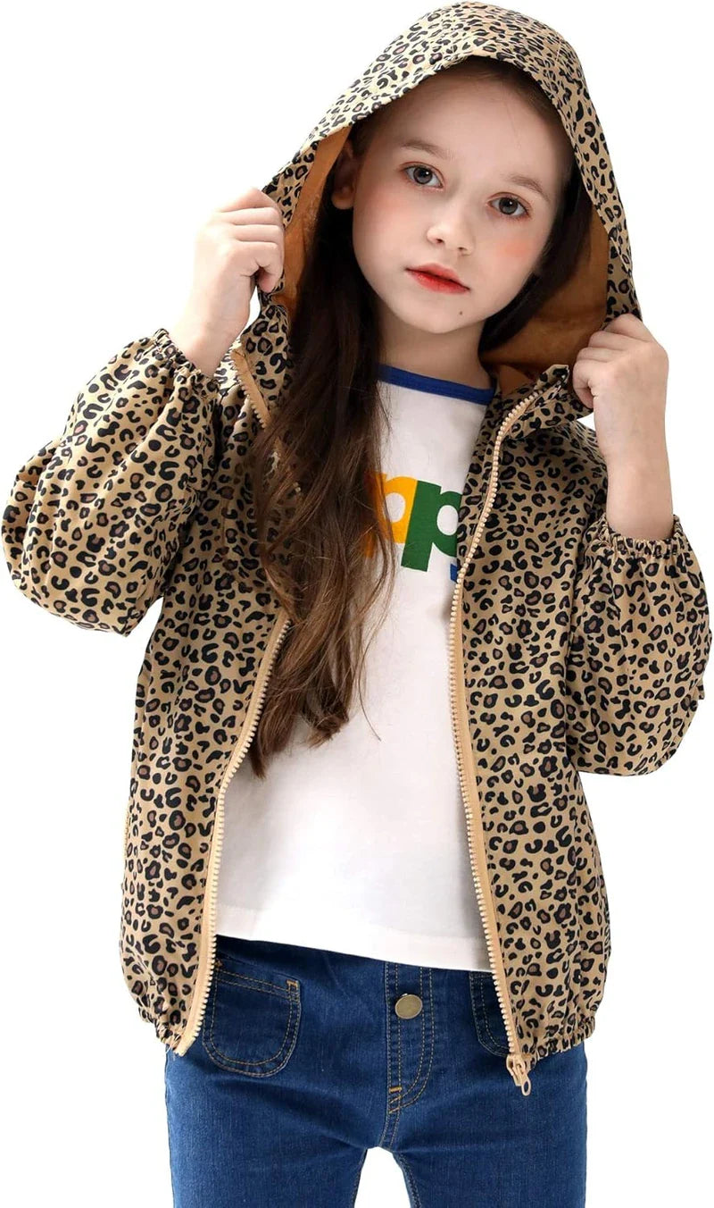 Animal print hooded jacket worn by child