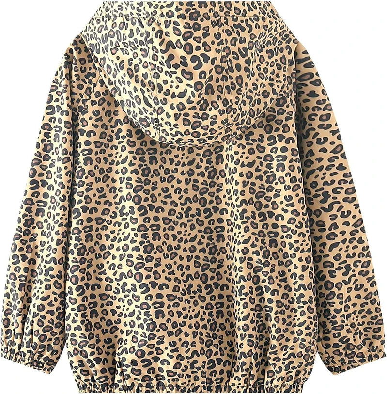 Back view of a leopard print hooded jacket with long elasticized cuffs and hem