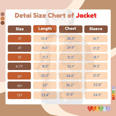 Hooded Jacket - Size chart for children's jacket listing size, length, chest and sleeve measurements in inches