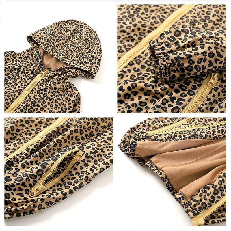 Hooded Jacket - Four detail shots of leopard print jacket showing hood, zippers, cuffs, pocket and inner lining