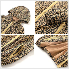Hooded Jacket - Four detail shots of leopard print jacket showing hood, zippers, cuffs, pocket and inner lining