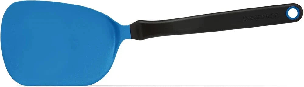 Dreamfarm Chopula Classic Blue Spatula - Side profile view of bright blue flexible spatula head attached to black ergonomic handle with hanging hole