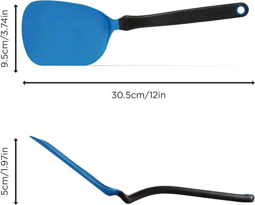 Dreamfarm Chopula Classic Blue Spatula - Dimension diagram showing full 12-inch length, 9.5cm head height, and bent sit-up handle profile