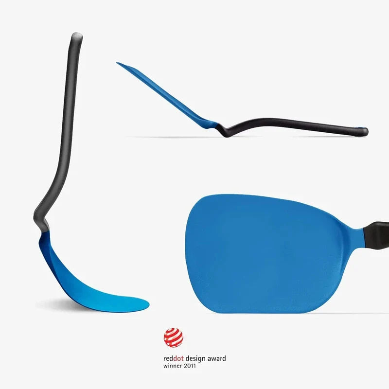 Dreamfarm Chopula Classic Blue Spatula - Three views of a two-tone blue and black curved kitchen spatula, with a 2011 Red Dot Design Award mark below.