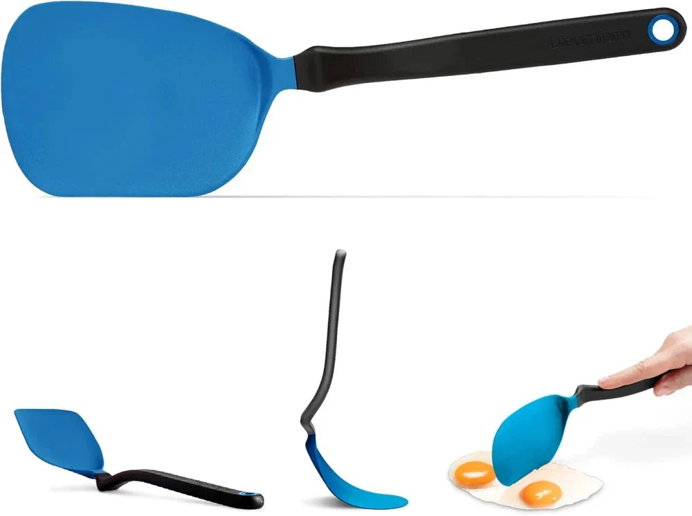 Dreamfarm Chopula Classic Blue Spatula - Blue and black spatula shown in multiple angled views, with a hand using it on two fried eggs