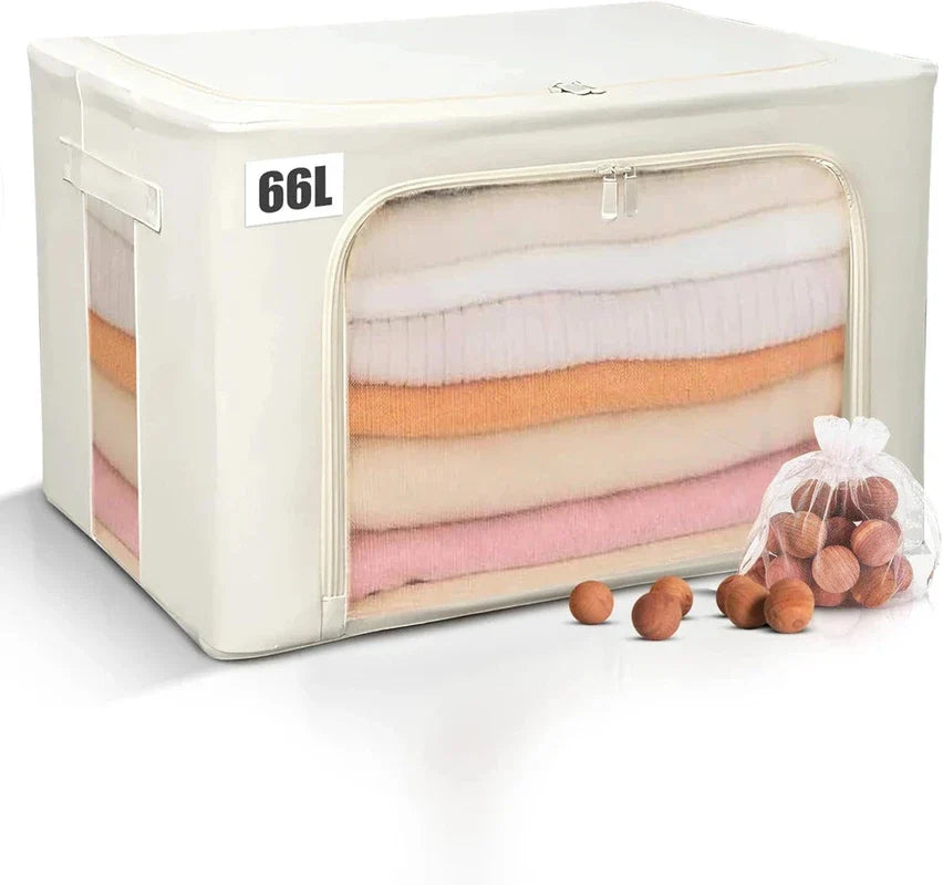 A 66L beige fabric storage bin with clear window and cedar balls; the cedar cashmere storage bag is visibly present.