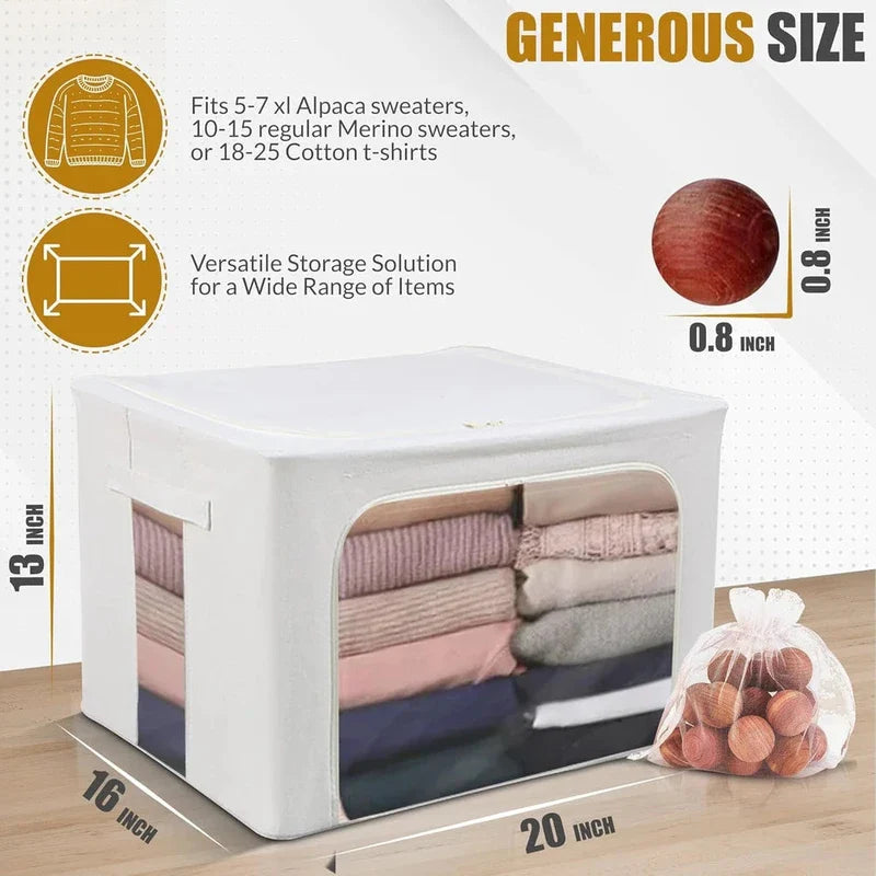 White fabric storage bin with size labels, stacked clothes inside, and a bag of cedar balls on a wood floor.