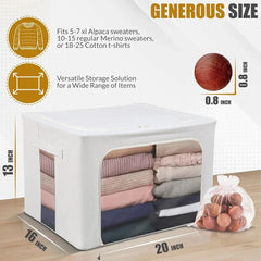 White fabric storage bin with size labels, stacked clothes inside, and a bag of cedar balls on a wood floor.