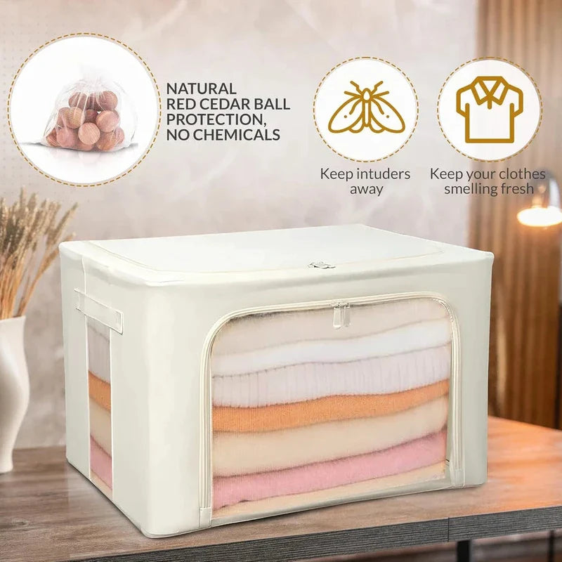 Beige fabric storage bin with clear front window, and small cedar balls in a mesh bag; the cedar cashmere storage bag is visibly present.