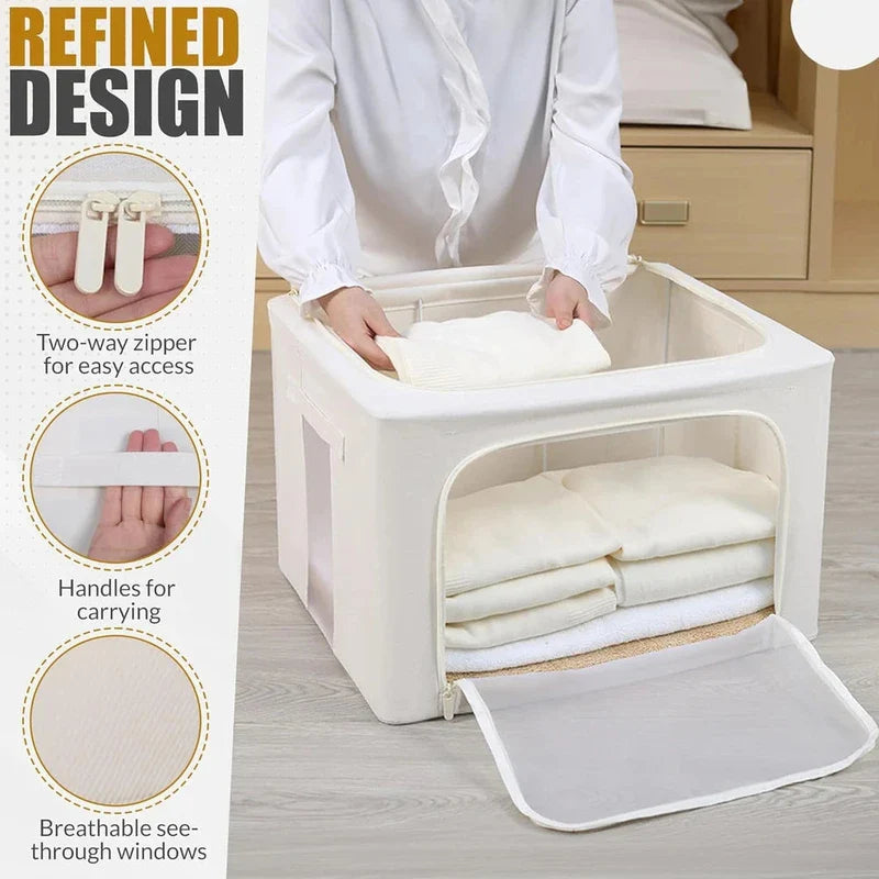 A person places folded clothing into an open cedar cashmere storage bag, highlighting zipper, handle, and window design details.