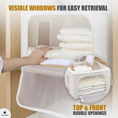 A hand reaches into a fabric storage container with stacked folded textiles, featuring a clear front window and top opening; the cedar cashmere storage bag is visibly shown.