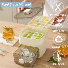 Cream portable ice maker with stacked ice trays, takeout drawer of ice, and food-grade material feature icons on a kitchen counter