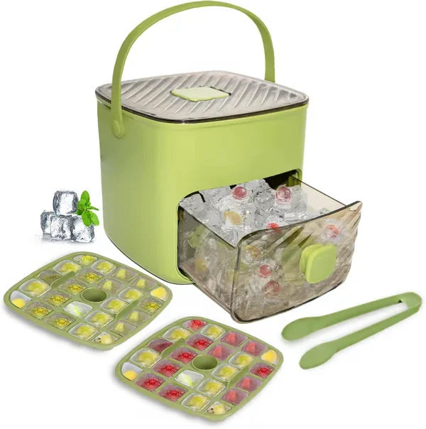 Green portable ice maker set with two ice cube trays, ice tongs, and a drawer of frozen fruit ice cubes
