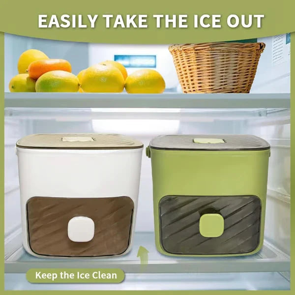 Portable Ice Maker - White and green portable ice makers sit side by side inside a refrigerator, with text about easy ice removal and clean ice