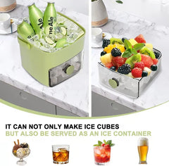 Green portable ice maker used as an ice container for drinks and fresh fruit, with text about its dual use