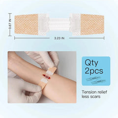 Emergency Wound Closures Device - Product dimensions (0.67 by 3.23 inches), 2-piece quantity, and gloved hands applying the device to a forearm wound
