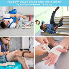 Emergency Wound Closures Device - 4-panel collage showing two men after accidental falls, a child receiving knee care, and a hand being wrapped in a gauze bandage, with text at the top