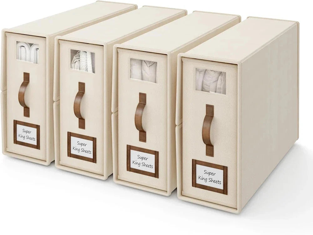 Bed Sheet Organizer - Set of 4 beige storage bins with leather handles, clear windows, and label slots