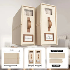Bed Sheet Organizer - Two storage bins displayed with dimension diagrams and size comparison labels