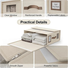 Bed Sheet Organizer - Beige fabric storage box displayed with detail callouts: clear front window, reinforced handle, replaceable label, smooth zipper, and strong velcro, shown open with folded liners inside.