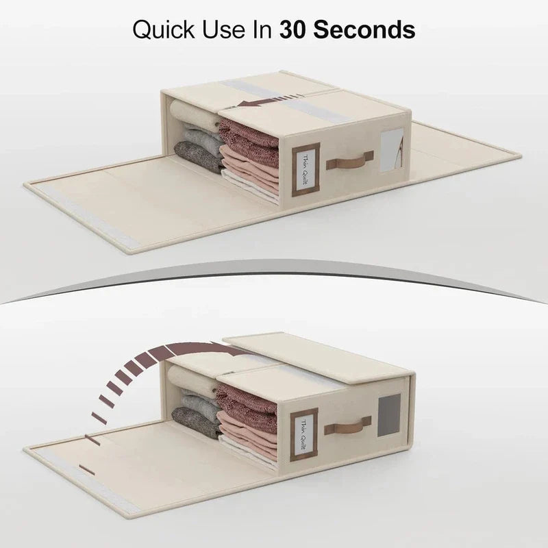 Bed Sheet Organizer - Step-by-step visual demonstration of folding a flat beige fabric storage box into an assembled shape holding folded linens, with a 30-second use text header.