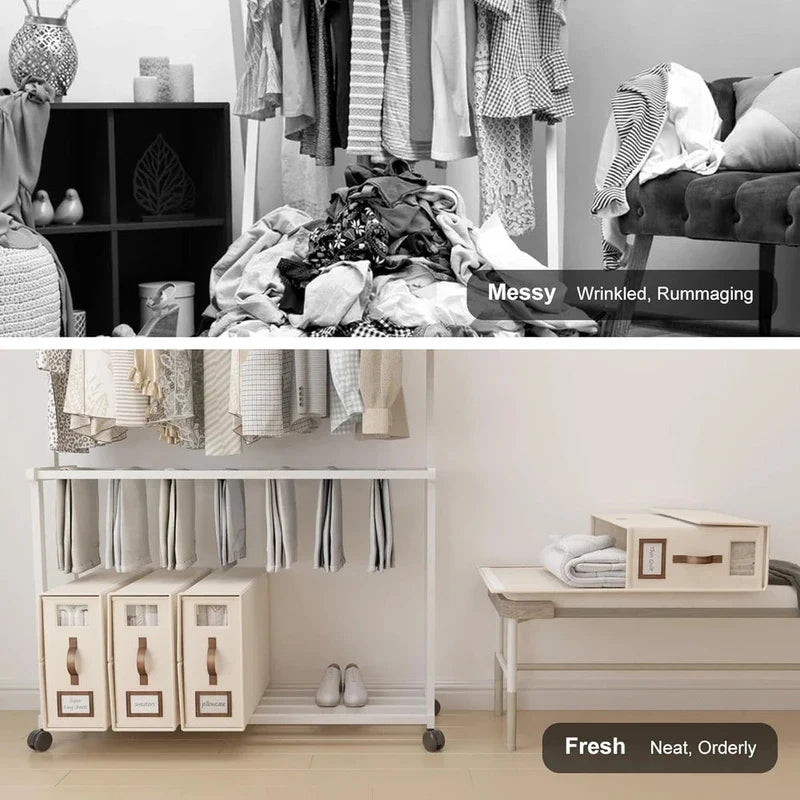Bed Sheet Organizer - Split comparison image: top shows messy wrinkled pile of clothes, bottom shows neatly organized clothing rack with storage boxes