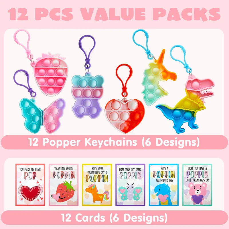A set of 6 pop fidget keychain designs and 6 matching valentine card designs displayed separately.
