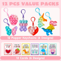 A set of 6 pop fidget keychain designs and 6 matching valentine card designs displayed separately.