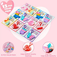 Twelve valentines day cards with pop fidget keychains arranged in a grid, with close-up insets of the fidget toys.