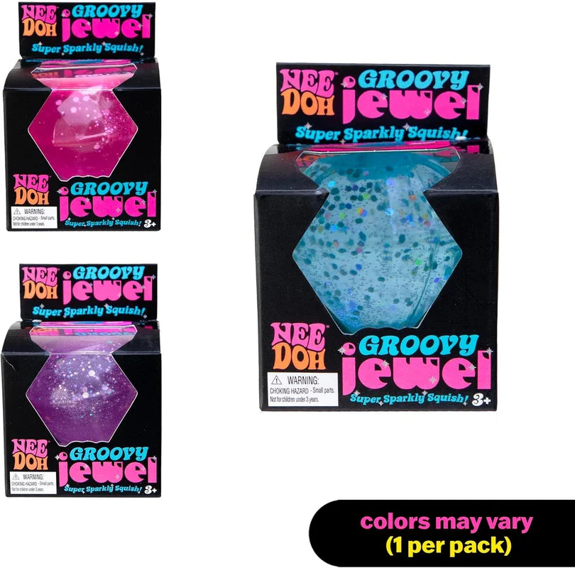 Close-up of the NeeDoh Groovy Jewel squish toy with glitter filling