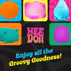 Grid of 5 colorful Nee Doh squish shapes (round, cube, drop, cat, oval) on swirled backgrounds, with NEE DOH logo, for schylling needoh groovy jewel.