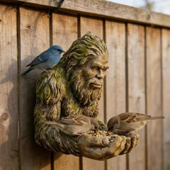 Garden Sculpture - Sasquatch wall-mounted bird feeder on a wooden fence, with three birds eating from its cupped hands