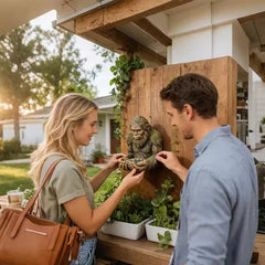 Garden Sculpture - Man and woman hold a bigfoot wall sculpture with birdseed in its hands, mounted on a wooden fence panel near planters.