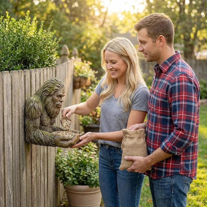 Garden Sculpture - Woman pours birdseed from a scoop into a bigfoot fence-mounted sculpture’s hands, man holds a burlap sack beside her.