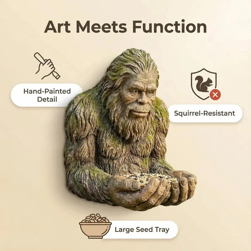 Garden Sculpture - Sasquatch-shaped wall decor with hands holding bird seed, marked with detail and feature callouts