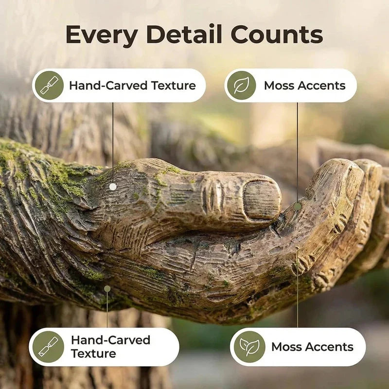 Garden Sculpture - Close-up of a carved wooden hand-shaped decoration with moss accents, labeled with detail callouts