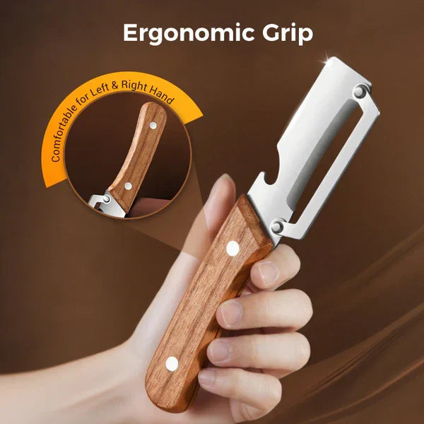 Vegetable Peeler For Kitchen - A wooden-handled vegetable peeler with stainless steel blade is held in a hand, highlighting its ergonomic grip design suitable for both left and right hands.