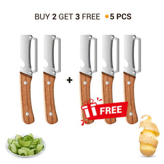 Vegetable Peeler For Kitchen - Five vegetable peelers shown with a 'buy 2 get 3 free' offer, alongside sliced cucumber and a partially peeled potato