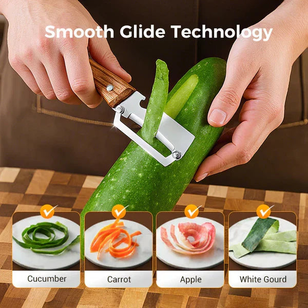 Vegetable Peeler For Kitchen - Peeler gliding across a cucumber to create a thin peel, with sample peels of cucumber, carrot, apple, and white gourd displayed below